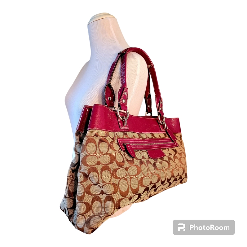 COACH Handbag Signature Canvas with Fuchsia Patent Leather Trim  - Large
